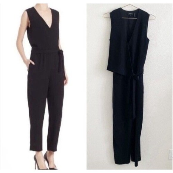 NWT Theory Sleeveless Tie Side V-Neck Crepe Jumpsuit Romper Women Size 6 Black